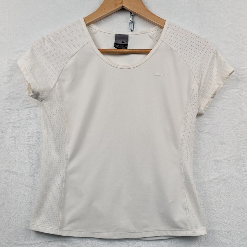 VTG Nike Top Women's Small White Dri-FIT Mesh Activewear Sporty Athleisure Y2K